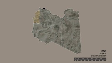 Başkenti, ana bölgesel bölünmesi ve bölünmüş Nalut bölgesiyle Libya 'nın dejenere edilmiş şekli. Etiketler. Uydu görüntüleri. 3B görüntüleme