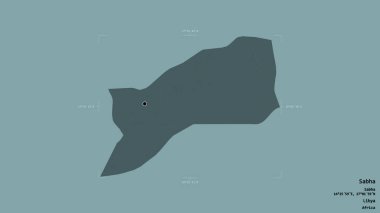 Sabha bölgesi, Libya bölgesi, jeoreferatlı bir sınır kutusunda sağlam bir arka planda izole edilmiş. Etiketler. Renkli yükseklik haritası. 3B görüntüleme