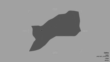 Sabha bölgesi, Libya bölgesi, jeoreferatlı bir sınır kutusunda sağlam bir arka planda izole edilmiş. Etiketler. Çift seviyeli yükseklik haritası. 3B görüntüleme