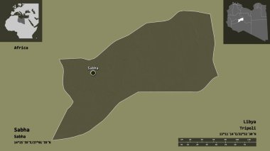 Sabha 'nın şekli, Libya bölgesi ve başkenti. Uzaklık ölçeği, ön gösterimler ve etiketler. Renkli yükseklik haritası. 3B görüntüleme