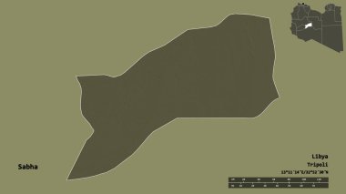 Libya 'nın Sabha ilçesi, başkenti sağlam bir zemine sahip. Uzaklık ölçeği, bölge önizlemesi ve etiketleri. Renkli yükseklik haritası. 3B görüntüleme