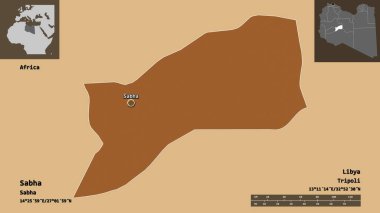 Sabha 'nın şekli, Libya bölgesi ve başkenti. Uzaklık ölçeği, ön gösterimler ve etiketler. Desenli dokuların bileşimi. 3B görüntüleme