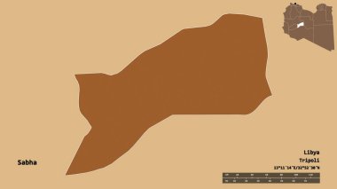 Libya 'nın Sabha ilçesi, başkenti sağlam bir zemine sahip. Uzaklık ölçeği, bölge önizlemesi ve etiketleri. Desenli dokuların bileşimi. 3B görüntüleme