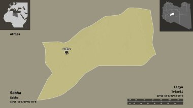 Sabha 'nın şekli, Libya bölgesi ve başkenti. Uzaklık ölçeği, ön gösterimler ve etiketler. Topografik yardım haritası. 3B görüntüleme
