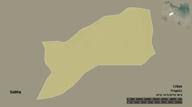 Libya 'nın Sabha ilçesi, başkenti sağlam bir zemine sahip. Uzaklık ölçeği, bölge önizlemesi ve etiketleri. Topografik yardım haritası. 3B görüntüleme