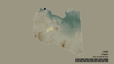 Başkenti, ana bölgesel bölünmesi ve ayrılmış Sabha bölgesiyle Libya 'nın dejenere edilmiş şekli. Etiketler. Topografik yardım haritası. 3B görüntüleme