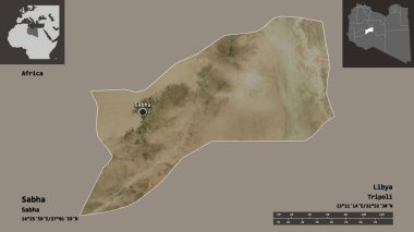 Sabha 'nın şekli, Libya bölgesi ve başkenti. Uzaklık ölçeği, ön gösterimler ve etiketler. Uydu görüntüleri. 3B görüntüleme