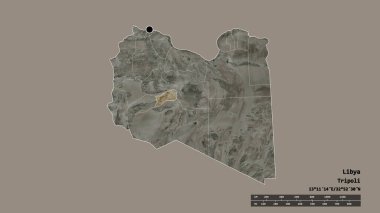Başkenti, ana bölgesel bölünmesi ve ayrılmış Sabha bölgesiyle Libya 'nın dejenere edilmiş şekli. Etiketler. Uydu görüntüleri. 3B görüntüleme