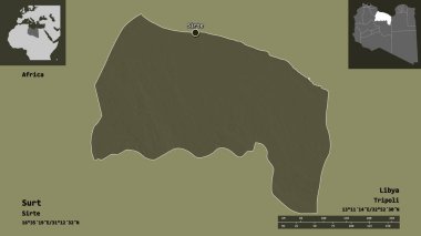 Surt 'ün şekli, Libya bölgesi ve başkenti. Uzaklık ölçeği, ön gösterimler ve etiketler. Renkli yükseklik haritası. 3B görüntüleme