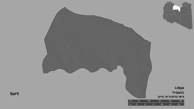 Libya 'nın Surt ilçesi, başkenti sağlam bir zemine sahip. Uzaklık ölçeği, bölge önizlemesi ve etiketleri. Çift seviyeli yükseklik haritası. 3B görüntüleme