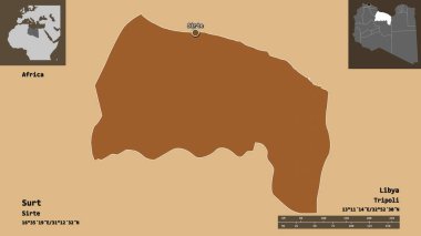 Surt 'ün şekli, Libya bölgesi ve başkenti. Uzaklık ölçeği, ön gösterimler ve etiketler. Desenli dokuların bileşimi. 3B görüntüleme