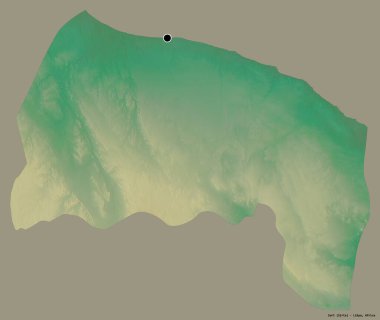 Libya 'nın Surt ilçesi, başkenti katı bir renk arka planına sahip. Topografik yardım haritası. 3B görüntüleme