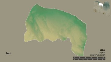 Libya 'nın Surt ilçesi, başkenti sağlam bir zemine sahip. Uzaklık ölçeği, bölge önizlemesi ve etiketleri. Topografik yardım haritası. 3B görüntüleme