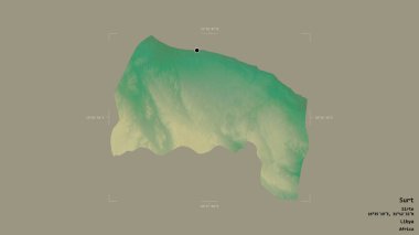 Surt bölgesi, Libya bölgesi, jeoreferatlı bir sınır kutusunda sağlam bir arka planda izole edilmiş. Etiketler. Topografik yardım haritası. 3B görüntüleme