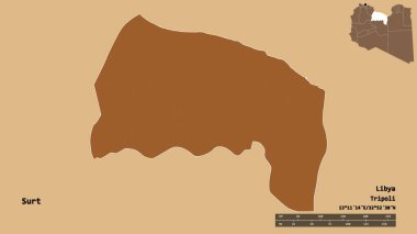 Libya 'nın Surt ilçesi, başkenti sağlam bir zemine sahip. Uzaklık ölçeği, bölge önizlemesi ve etiketleri. Desenli dokuların bileşimi. 3B görüntüleme