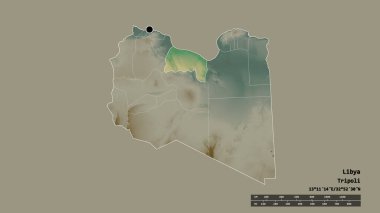 Başkenti, ana bölgesel bölünmesi ve ayrılmış Surt bölgesiyle Libya 'nın dejenere edilmiş şekli. Etiketler. Topografik yardım haritası. 3B görüntüleme