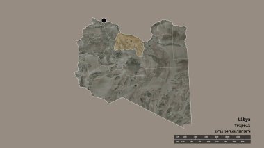 Başkenti, ana bölgesel bölünmesi ve ayrılmış Surt bölgesiyle Libya 'nın dejenere edilmiş şekli. Etiketler. Uydu görüntüleri. 3B görüntüleme