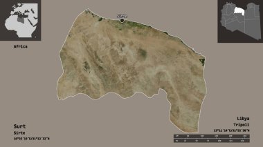 Surt 'ün şekli, Libya bölgesi ve başkenti. Uzaklık ölçeği, ön gösterimler ve etiketler. Uydu görüntüleri. 3B görüntüleme