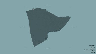 Libya 'nın Trablus bölgesindeki bölge, jeoreferatlı bir sınır kutusunun sağlam bir arka planında izole edilmiş. Etiketler. Renkli yükseklik haritası. 3B görüntüleme