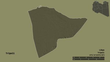 Libya 'nın Trablus semti, başkenti sağlam bir zemin üzerinde izole edilmiş durumda. Uzaklık ölçeği, bölge önizlemesi ve etiketleri. Renkli yükseklik haritası. 3B görüntüleme