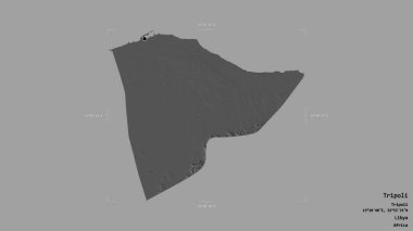 Libya 'nın Trablus bölgesindeki bölge, jeoreferatlı bir sınır kutusunun sağlam bir arka planında izole edilmiş. Etiketler. Çift seviyeli yükseklik haritası. 3B görüntüleme