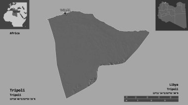 Trablus 'un şekli, Libya bölgesi ve başkenti. Uzaklık ölçeği, ön gösterimler ve etiketler. Çift seviyeli yükseklik haritası. 3B görüntüleme