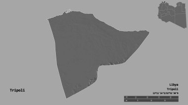 Libya 'nın Trablus semti, başkenti sağlam bir zemin üzerinde izole edilmiş durumda. Uzaklık ölçeği, bölge önizlemesi ve etiketleri. Çift seviyeli yükseklik haritası. 3B görüntüleme