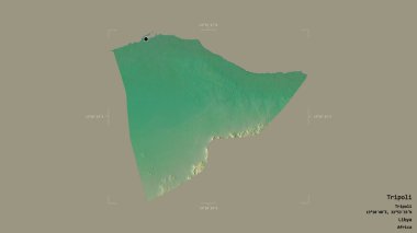 Libya 'nın Trablus bölgesindeki bölge, jeoreferatlı bir sınır kutusunun sağlam bir arka planında izole edilmiş. Etiketler. Topografik yardım haritası. 3B görüntüleme