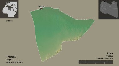 Trablus 'un şekli, Libya bölgesi ve başkenti. Uzaklık ölçeği, ön gösterimler ve etiketler. Topografik yardım haritası. 3B görüntüleme