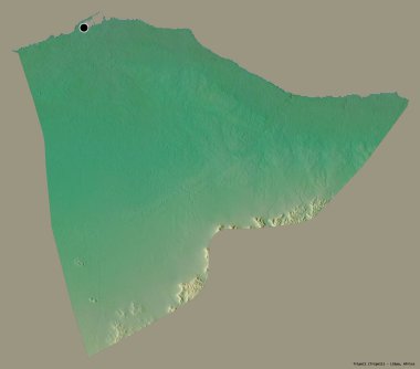 Libya 'nın Trablus ilçesi, başkenti katı bir renk arkaplanı ile izole edilmiş. Topografik yardım haritası. 3B görüntüleme