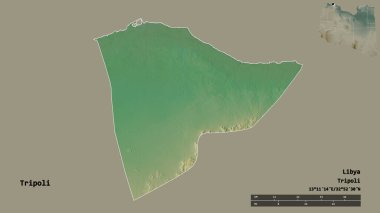 Libya 'nın Trablus semti, başkenti sağlam bir zemin üzerinde izole edilmiş durumda. Uzaklık ölçeği, bölge önizlemesi ve etiketleri. Topografik yardım haritası. 3B görüntüleme