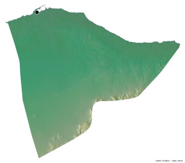 Libya 'nın Trablus ilçesi, başkenti beyaz arka planda izole edilmiş. Topografik yardım haritası. 3B görüntüleme