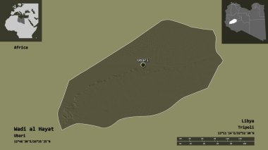 Libya ve başkenti Wadi al Hayat 'ın şekli. Uzaklık ölçeği, ön gösterimler ve etiketler. Renkli yükseklik haritası. 3B görüntüleme