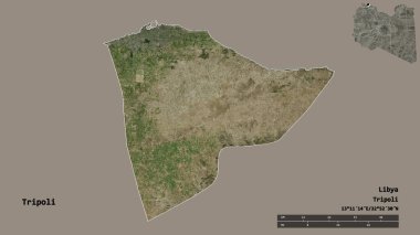 Libya 'nın Trablus semti, başkenti sağlam bir zemin üzerinde izole edilmiş durumda. Uzaklık ölçeği, bölge önizlemesi ve etiketleri. Uydu görüntüleri. 3B görüntüleme
