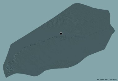 Libya 'nın Wadi al Hayat ilçesi, başkenti katı bir renk arka planına sahip. Renkli yükseklik haritası. 3B görüntüleme