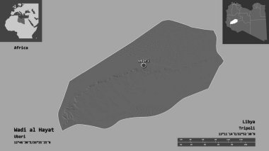 Libya ve başkenti Wadi al Hayat 'ın şekli. Uzaklık ölçeği, ön gösterimler ve etiketler. Çift seviyeli yükseklik haritası. 3B görüntüleme