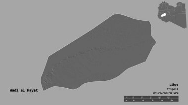 Libya 'nın Wadi al Hayat ilçesi, başkenti sağlam bir zemine sahip. Uzaklık ölçeği, bölge önizlemesi ve etiketleri. Çift seviyeli yükseklik haritası. 3B görüntüleme