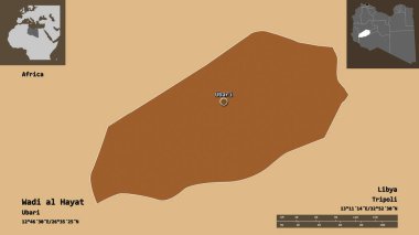 Libya ve başkenti Wadi al Hayat 'ın şekli. Uzaklık ölçeği, ön gösterimler ve etiketler. Desenli dokuların bileşimi. 3B görüntüleme