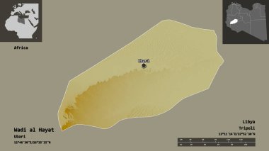 Libya ve başkenti Wadi al Hayat 'ın şekli. Uzaklık ölçeği, ön gösterimler ve etiketler. Topografik yardım haritası. 3B görüntüleme