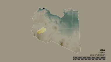 Başkenti, ana bölgesel bölünmesi ve bölünmüş Wadi al Hayat alanıyla Libya 'nın dejenere edilmiş şekli. Etiketler. Topografik yardım haritası. 3B görüntüleme