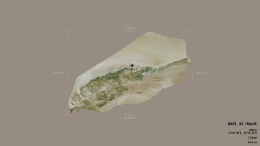 Libya 'nın Wadi al Hayat ilçesi bölgesi, jeoreferatlı bir sınır kutusunda sağlam bir arka planda izole edilmiş. Etiketler. Uydu görüntüleri. 3B görüntüleme