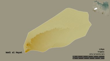 Libya 'nın Wadi al Hayat ilçesi, başkenti sağlam bir zemine sahip. Uzaklık ölçeği, bölge önizlemesi ve etiketleri. Topografik yardım haritası. 3B görüntüleme