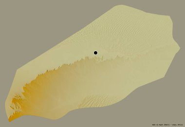 Libya 'nın Wadi al Hayat ilçesi, başkenti katı bir renk arka planına sahip. Topografik yardım haritası. 3B görüntüleme