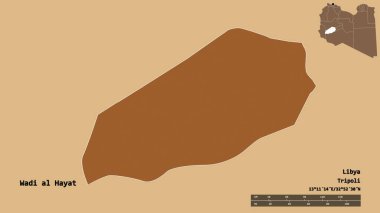 Libya 'nın Wadi al Hayat ilçesi, başkenti sağlam bir zemine sahip. Uzaklık ölçeği, bölge önizlemesi ve etiketleri. Desenli dokuların bileşimi. 3B görüntüleme