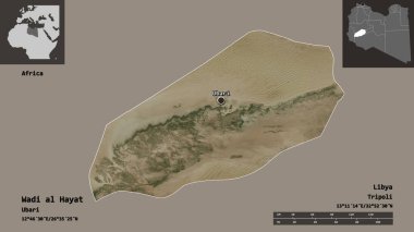 Libya ve başkenti Wadi al Hayat 'ın şekli. Uzaklık ölçeği, ön gösterimler ve etiketler. Uydu görüntüleri. 3B görüntüleme