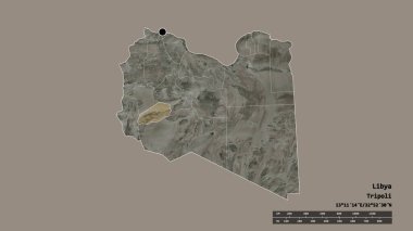 Başkenti, ana bölgesel bölünmesi ve bölünmüş Wadi al Hayat alanıyla Libya 'nın dejenere edilmiş şekli. Etiketler. Uydu görüntüleri. 3B görüntüleme