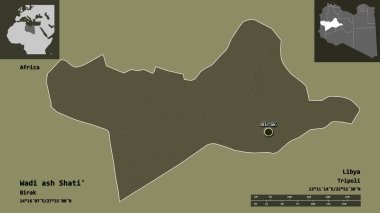 Libya ve başkenti Wadi ash Shati 'nin şekli. Uzaklık ölçeği, ön gösterimler ve etiketler. Renkli yükseklik haritası. 3B görüntüleme