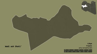 Libya 'nın Wadi ash Shati ilçesi, başkenti sağlam bir zemine sahip. Uzaklık ölçeği, bölge önizlemesi ve etiketleri. Renkli yükseklik haritası. 3B görüntüleme