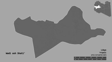 Libya 'nın Wadi ash Shati ilçesi, başkenti sağlam bir zemine sahip. Uzaklık ölçeği, bölge önizlemesi ve etiketleri. Çift seviyeli yükseklik haritası. 3B görüntüleme