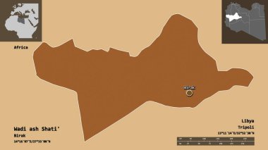 Libya ve başkenti Wadi ash Shati 'nin şekli. Uzaklık ölçeği, ön gösterimler ve etiketler. Desenli dokuların bileşimi. 3B görüntüleme